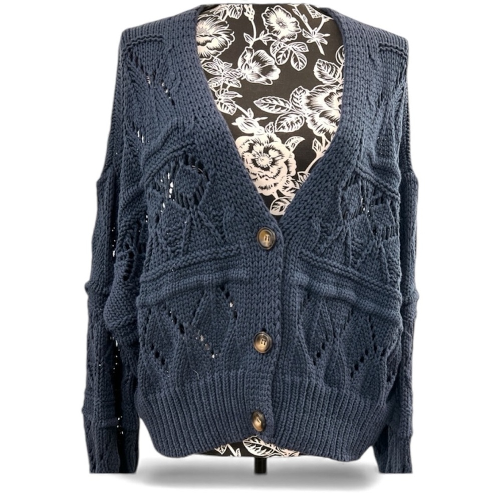 JS71 Pacific Navy Open-Knit Button Sweater – Size M/L